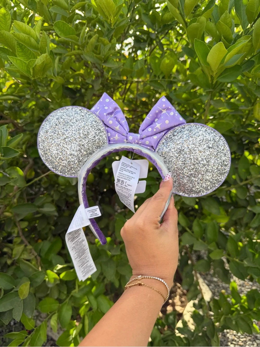Silver Glitter Minnie Ears Headband with Lavender Bow